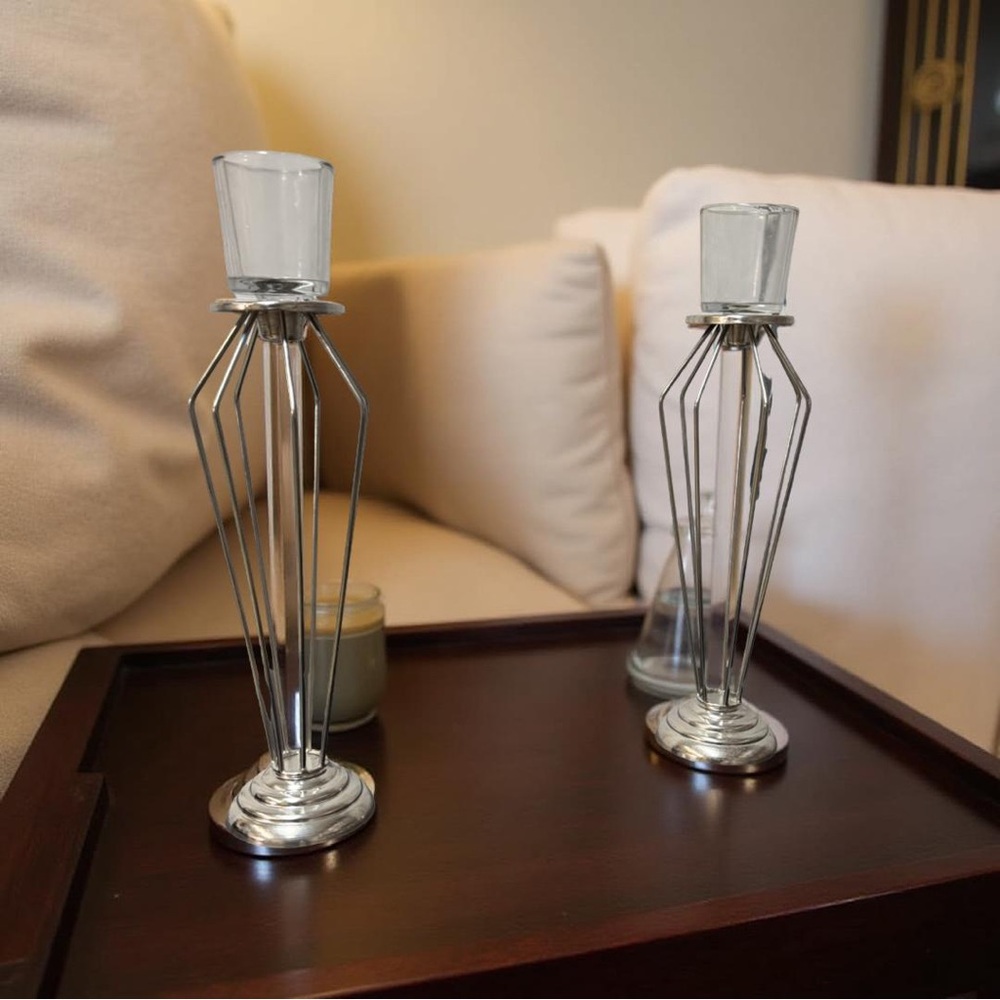 Silver Wire-Frame Candle Holders with Elegant Design
